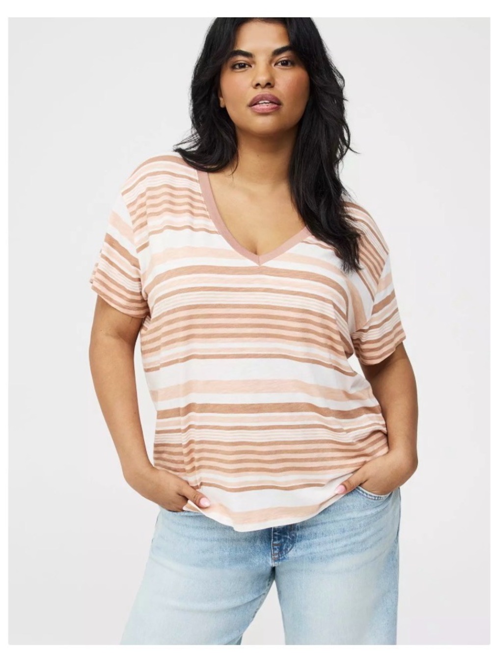 torrid Striped V-Neck Tee in Blush and White 2X